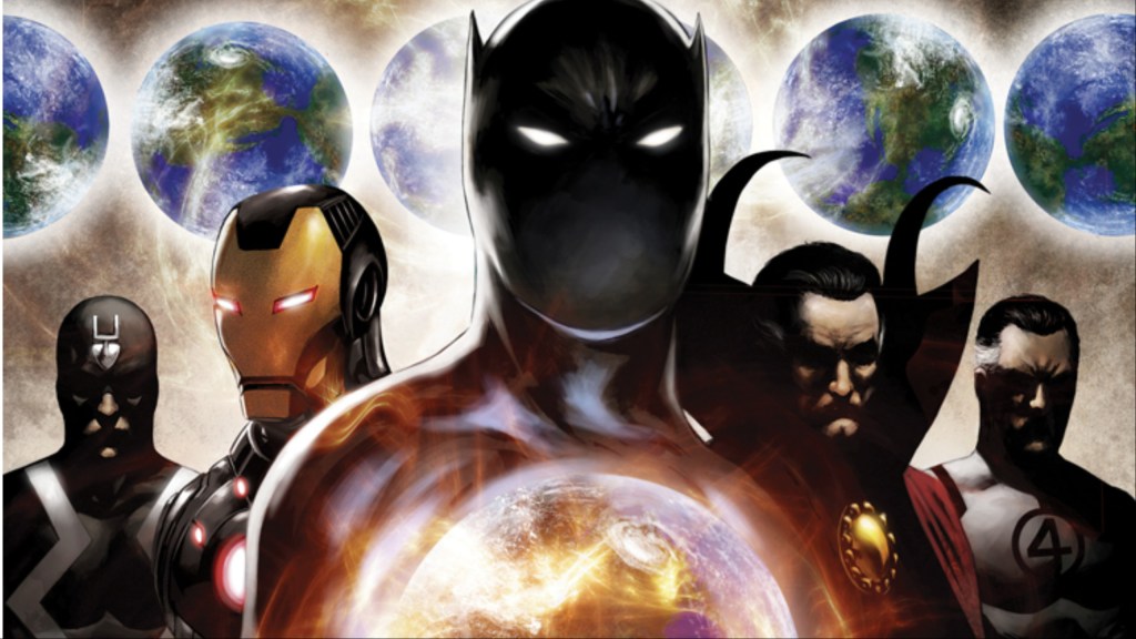 Black Bolt, Iron Man, Black Panther, Doctor Strange, and Mister Fantastic standing together, with alternate Earths over their heads
