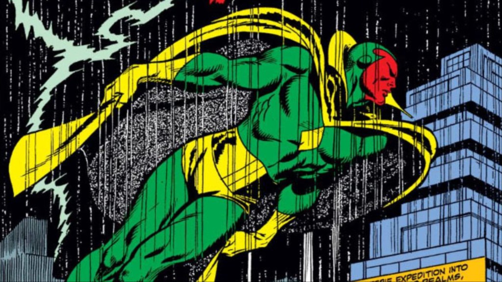 The Vision flying through a stormy sky