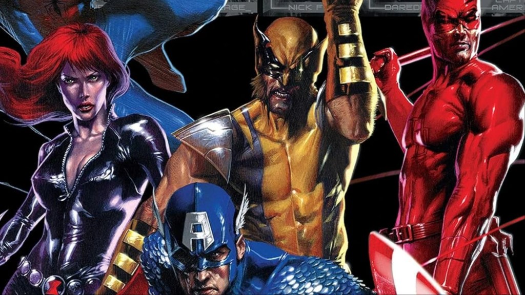 Black Widow, Wolverine, Daredevil, and Captain America standing together