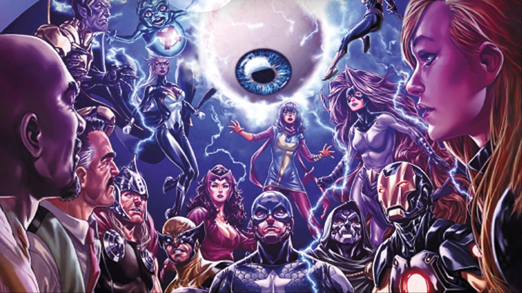 The heroes of the Marvel Universe looking up at the Watcher's eye