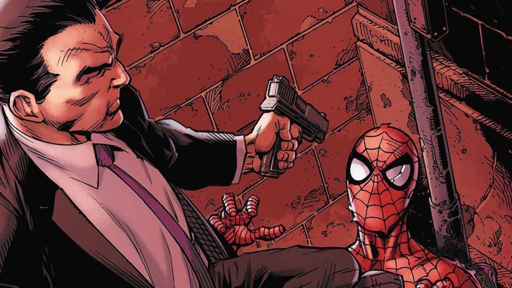 Foreigner pointing a gun at Spider-Man
