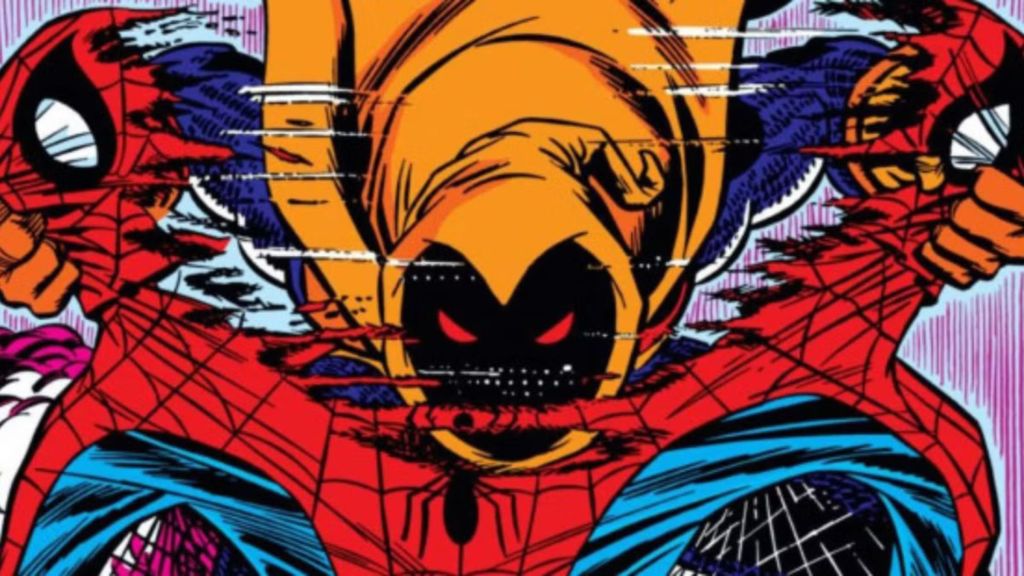 Hobgoblin ripping Spider-Man costume in half