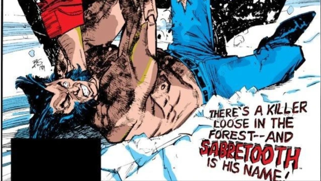 Wolverine being held down in the snow by Sabretooth from the cover of Wolverine (Vol. 2) #10