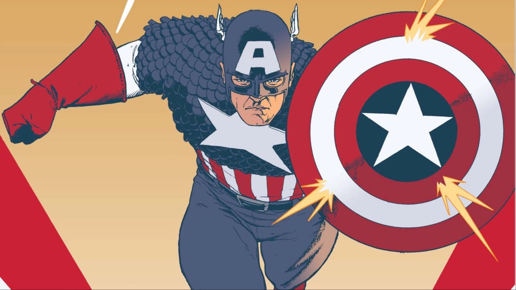 Captain America running forward with his shield out