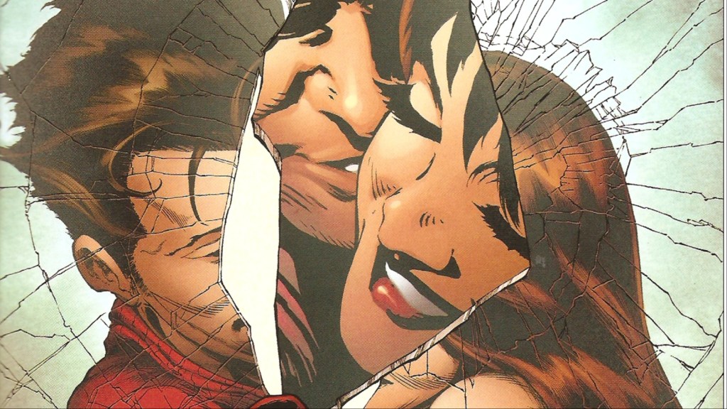 Spider-Man holding up a broken glass piece with him and Mary Jane on it