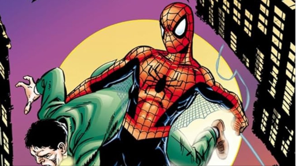 Spider-Man swinging through the city, holding a crook