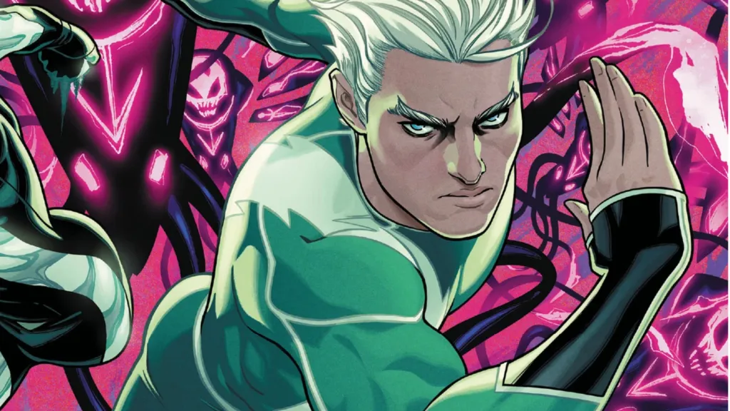 Quicksilver running from a bunch of spirits behind him