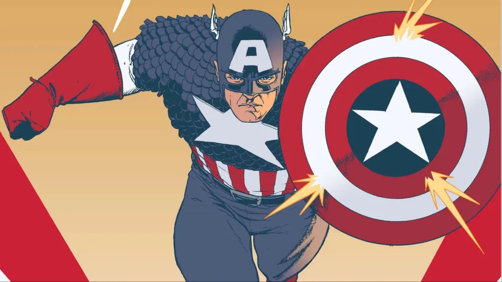 Captain America running forward with his shield out