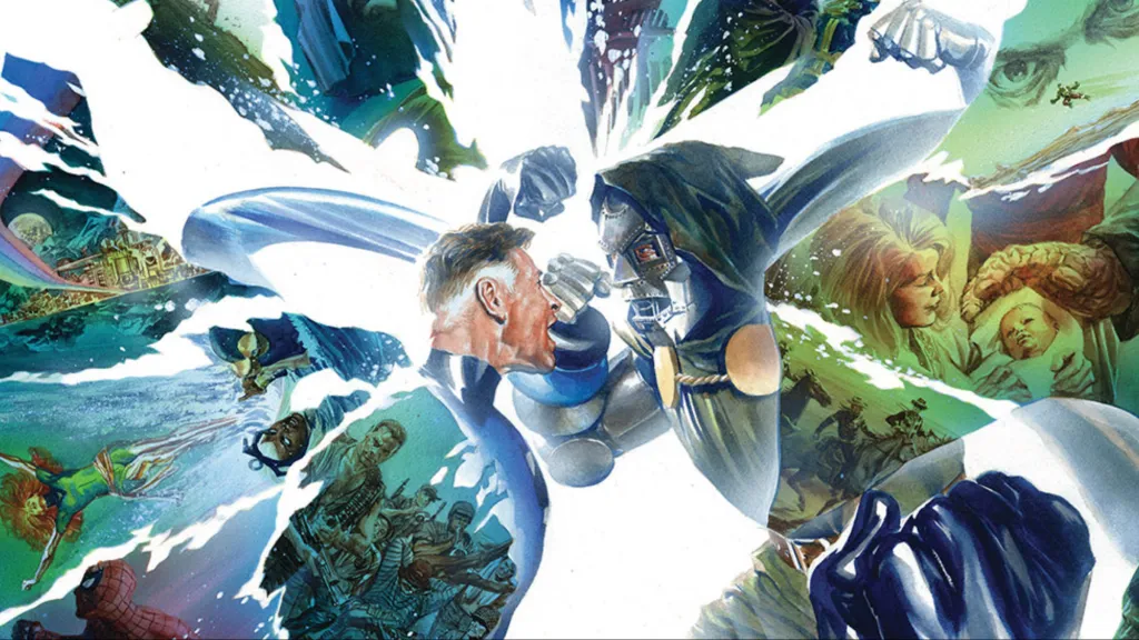 Reed Richards and Doctor Doom clashing as the universe falls apart around them