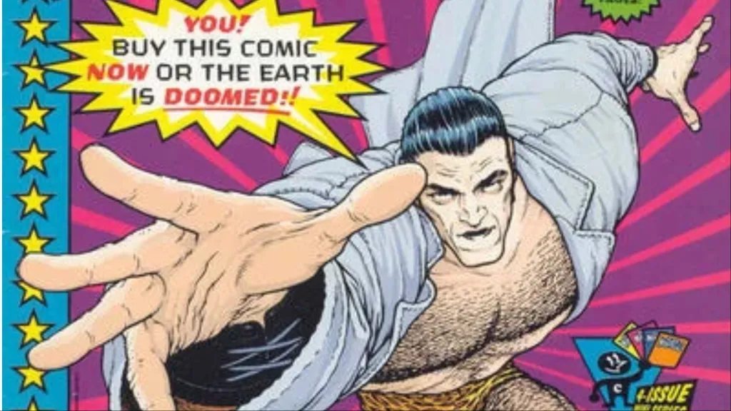 Flex Mentallo telling readers to buy his comic
