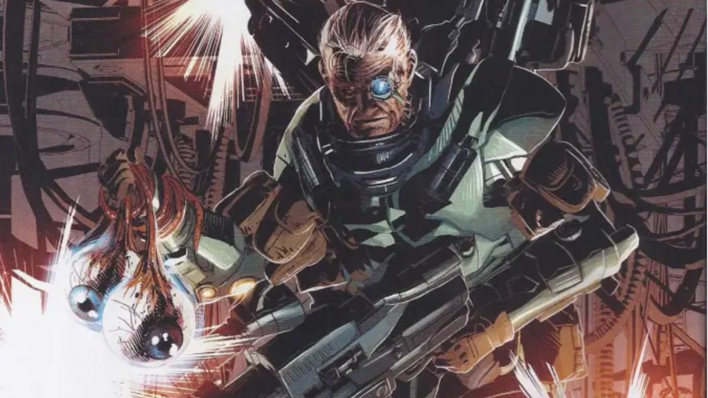 Nick Fury armored up, holding a giant gun and the Watcher's eyes