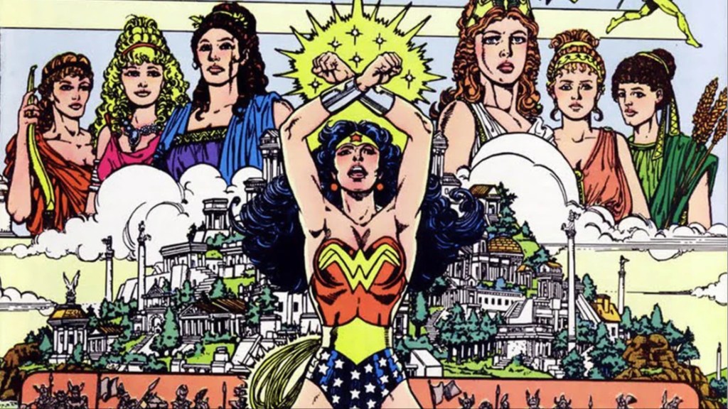 Wonder Woman in front of Themyscira with her mother and Grek Goddesses floating above her