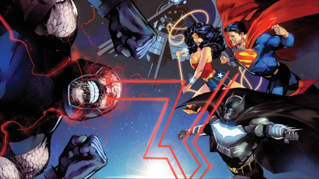 Darkseid attacking Superman, batman, and Wonder Woman with the Watchtower in the background