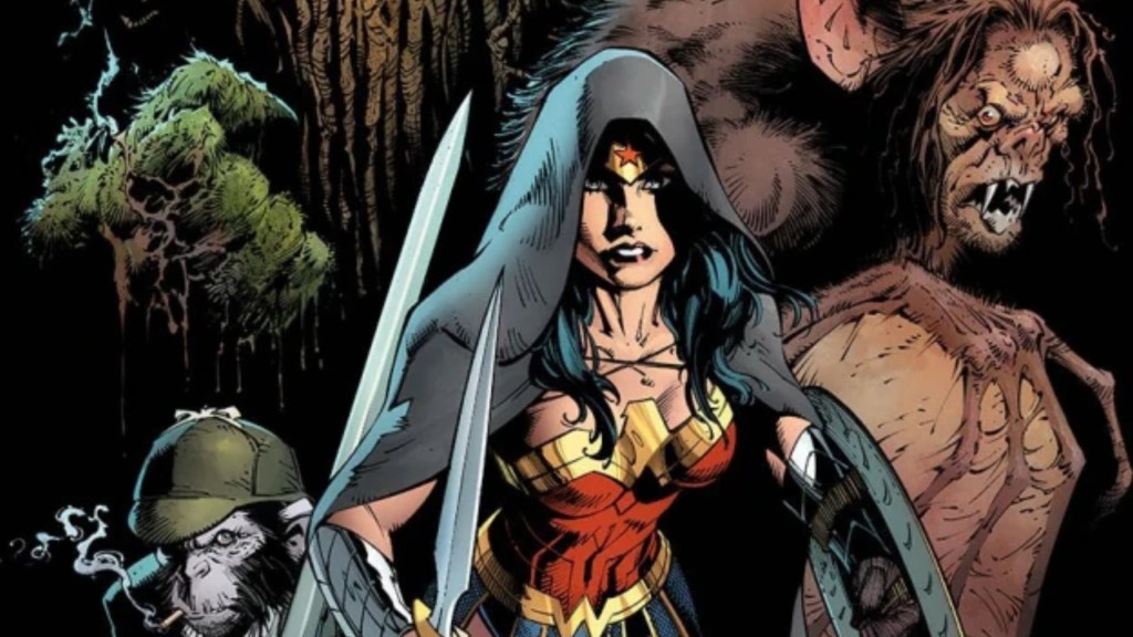 Wonder Woman leading Detective Chimp and Man-Bat into battle