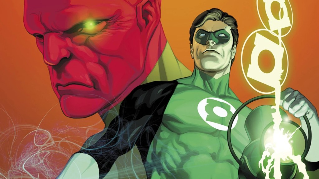 Hal Jordan holding his power battery as it leaks Green Lantern symbols, with Abin Sur's head in the profile in the background