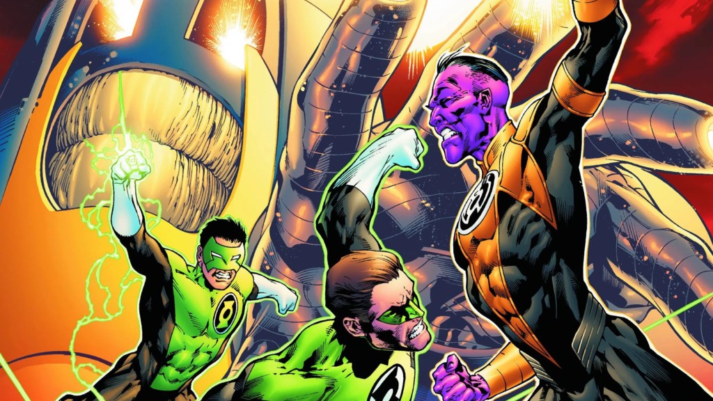 The Anti-Monitor reaching out while Jal Jordan and Kyle Rayner battle Sinestro