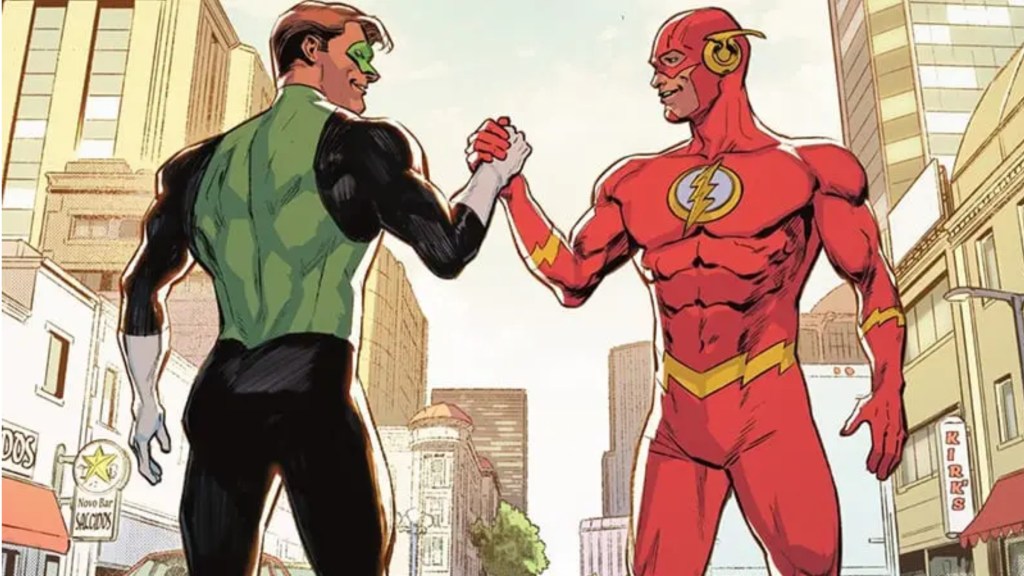 Hal Jordan and Barry Allen clasping hands