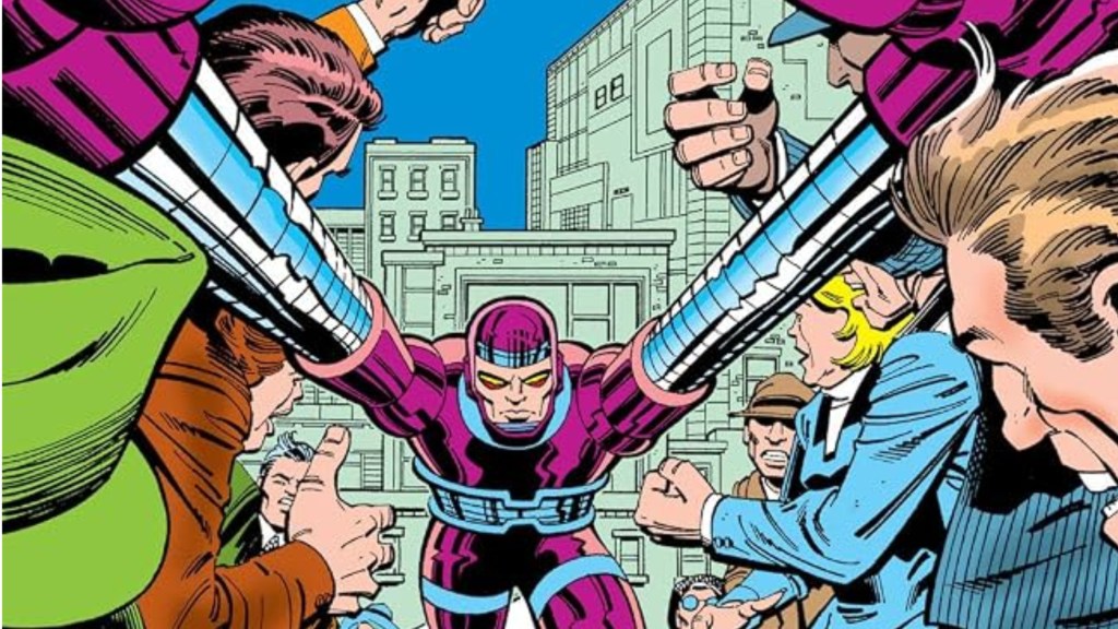 Machine Man stretching his arms through a crowd