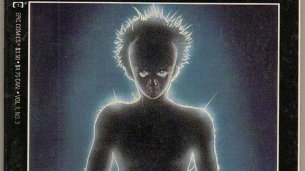 Tetsuo glowing with energy in front of a white background