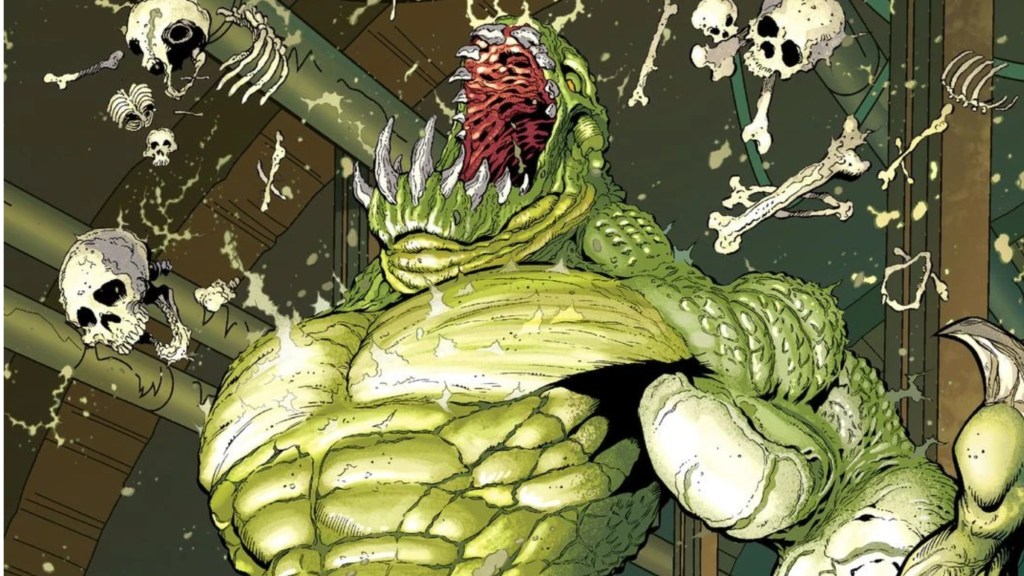 KIller Croc roaring surrounded by bones flying through the air
