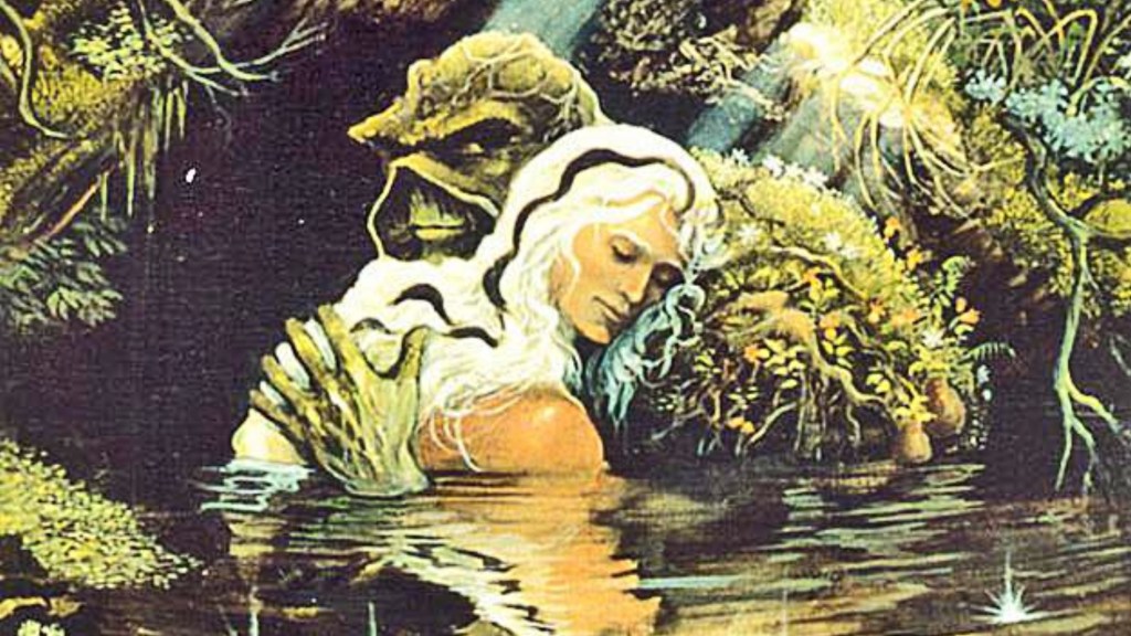 Swamp Thing and Abby Arcane embracing in the swamp