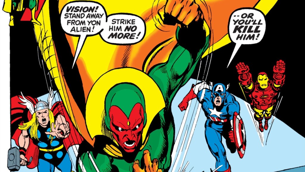The Avengers stopping the Vision from beating an alien to death