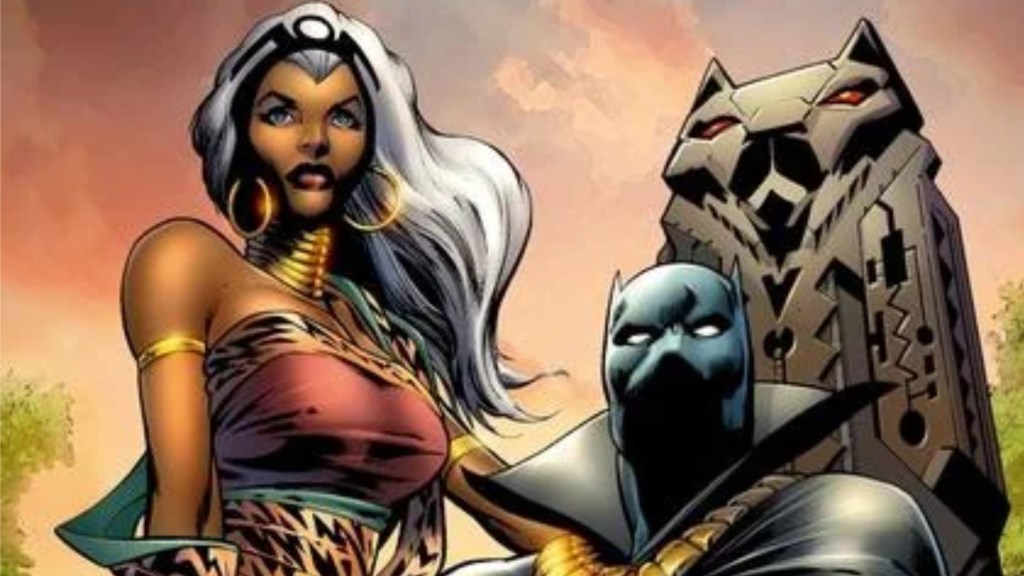 Storm standing next to an enthroned Black Panther