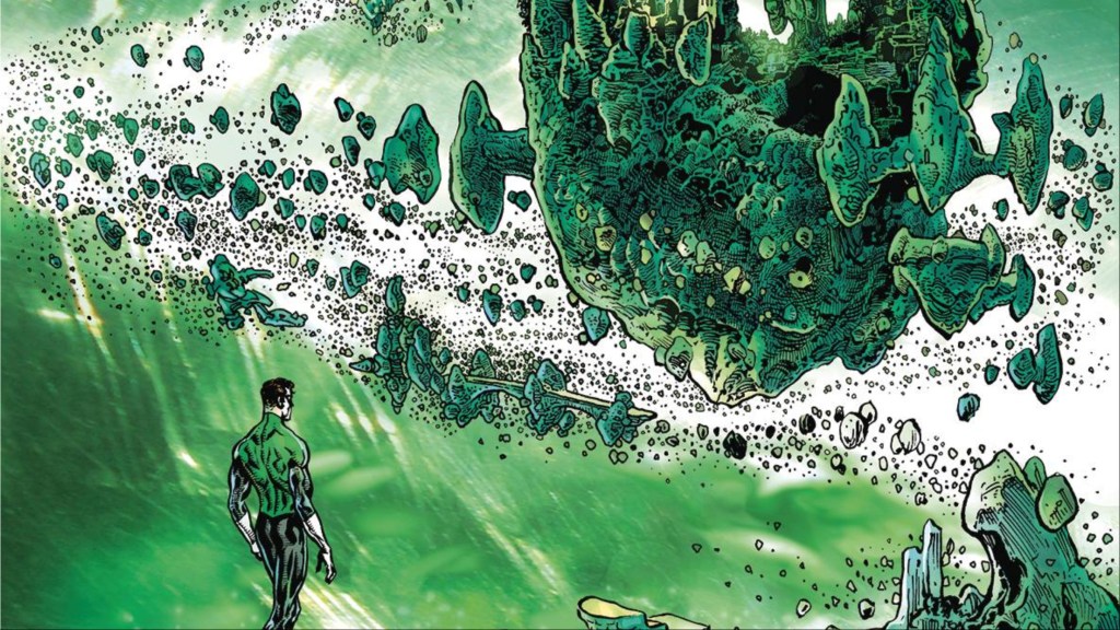 Hal Jordan walking towards a giant green structure