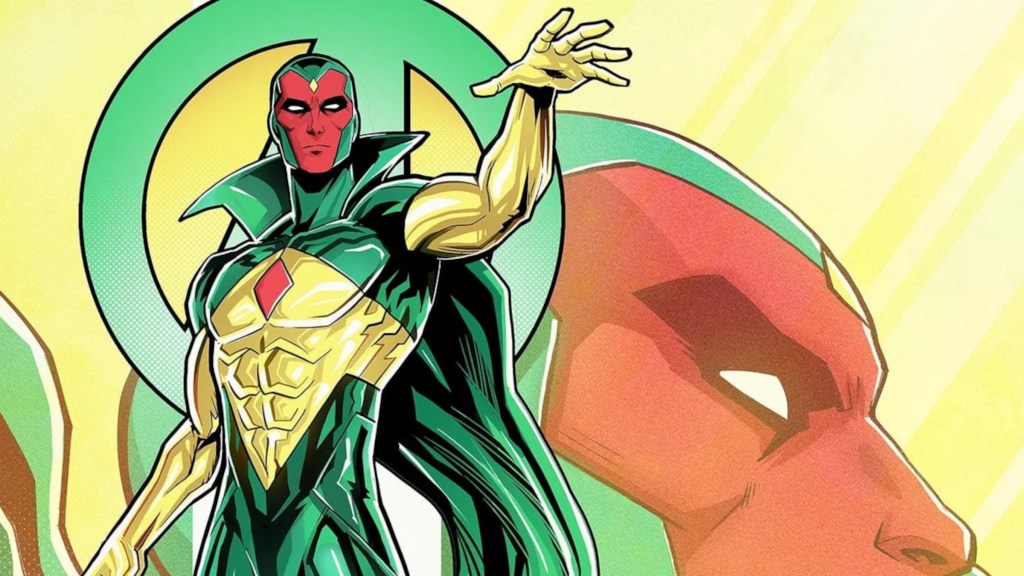 Vision in classic pose with Avengers Logo