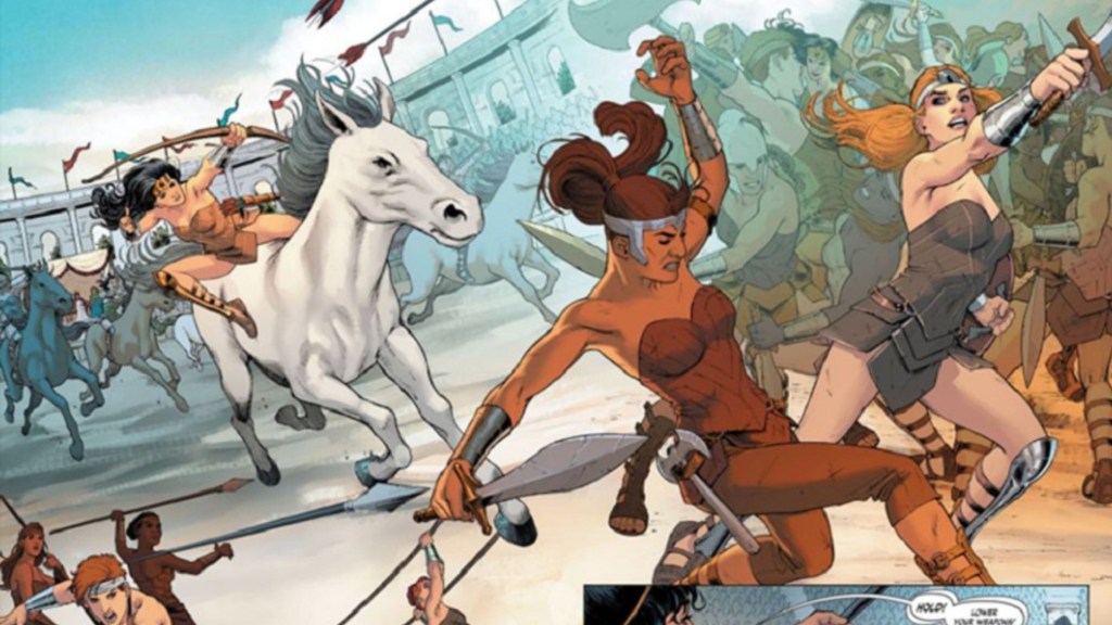 Wonder Woman battling alongside Amazons during the contest