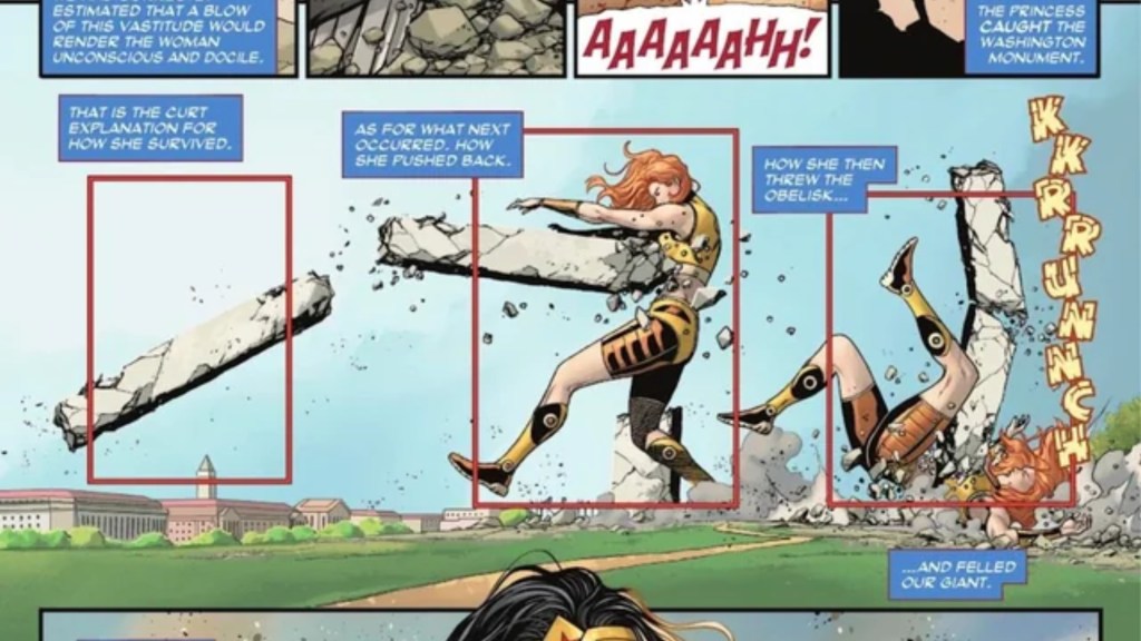 Wonder Woman throwing the Washington Monument at Giganta