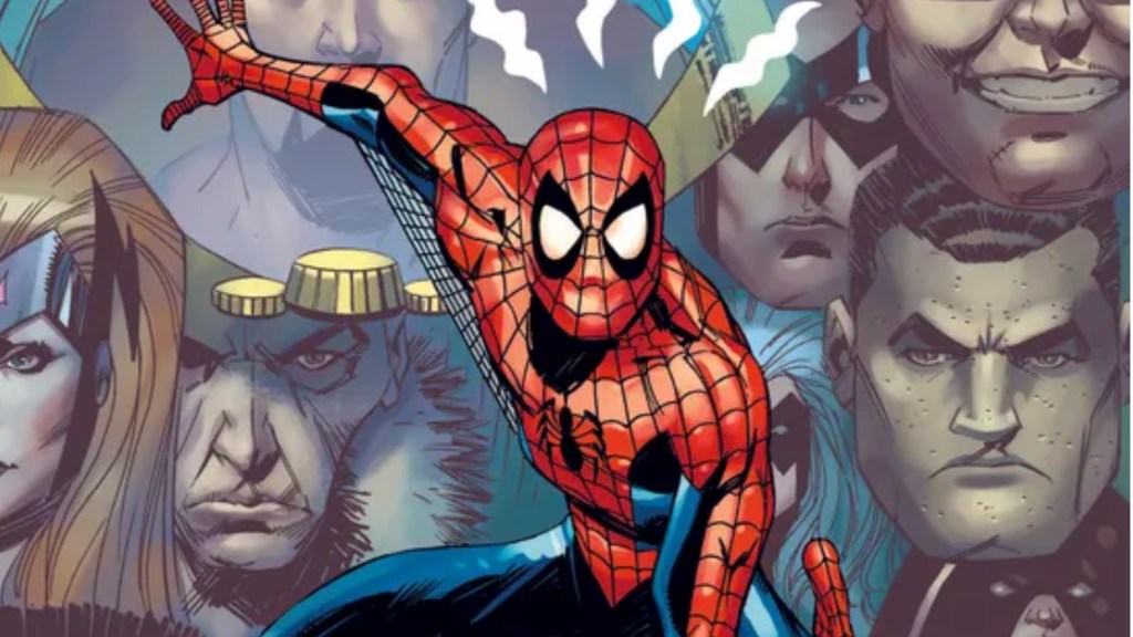 Young Peter Parker as Spider-Man with his spider-sense going off in front of the busts of his enemies