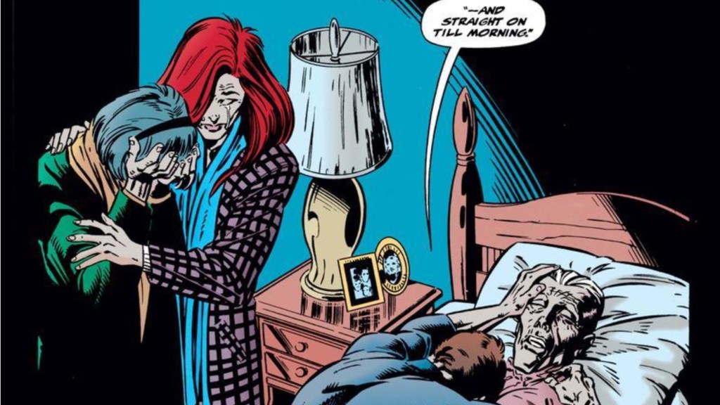 Peter Parker hugging a dead Aunt May while Mary Jane and her Aunt Anna sob