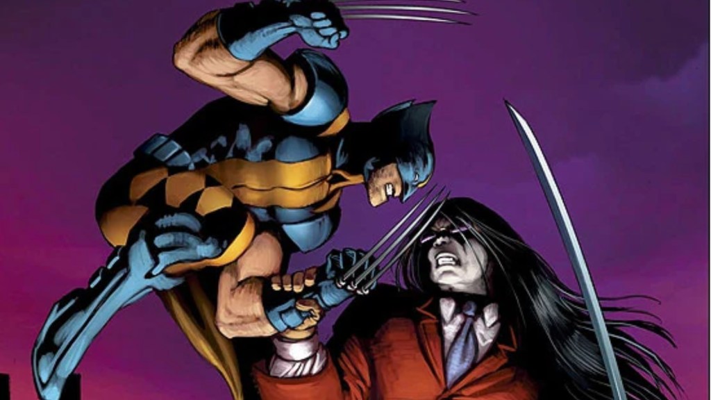 Wolverine and Gorgon tangling on top of a building