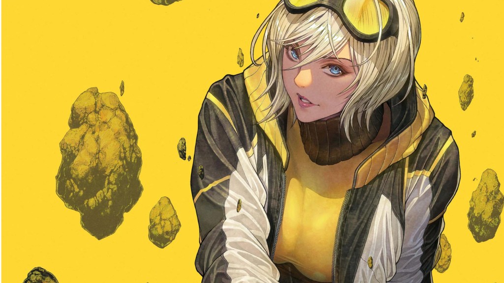 Terra sitting down with rock floating around her