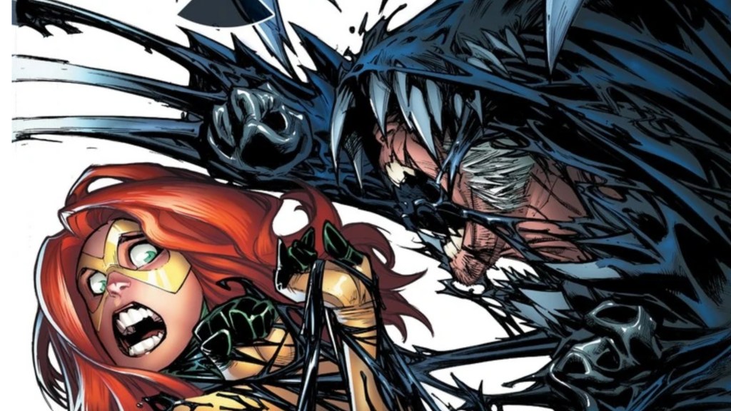 A symbiote-infected Old Man Logan attacking teen Jean Grey
