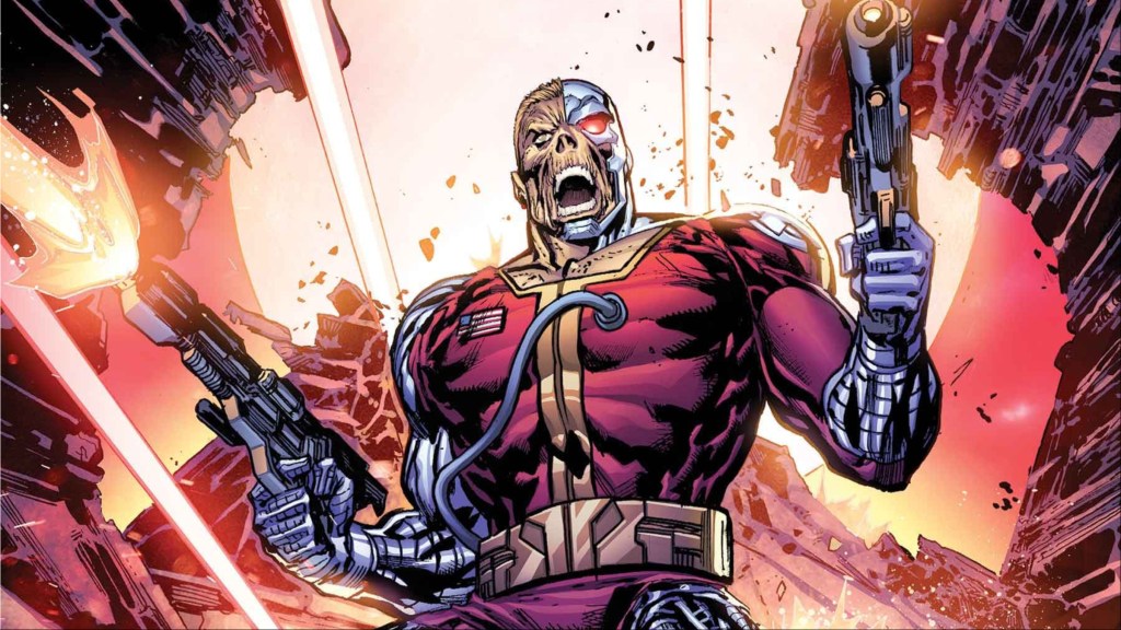 Deathlok firing his guns while yelling
