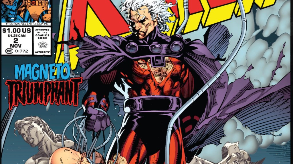 Magneto in a tattered costume standing over the fallen X-Men