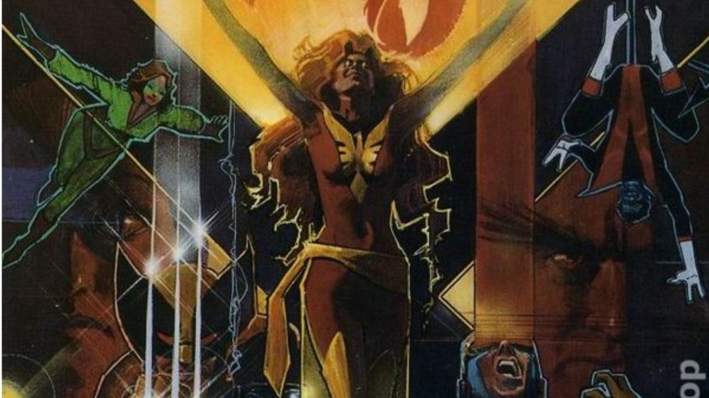 Dark Phoenix surrounded by Kitty Pryde, Wolverine, Cyclops, and Nightcrawler