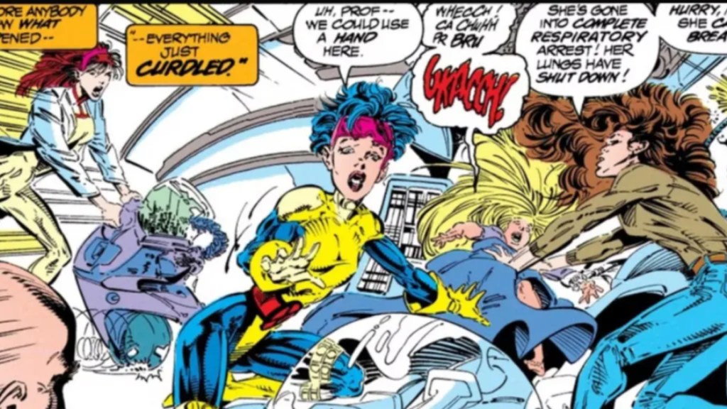 Illyana Rasputin dying of the Legacy Virus as Jubilee, Kitty Pryde, and Moira MacTaggert rush to help her