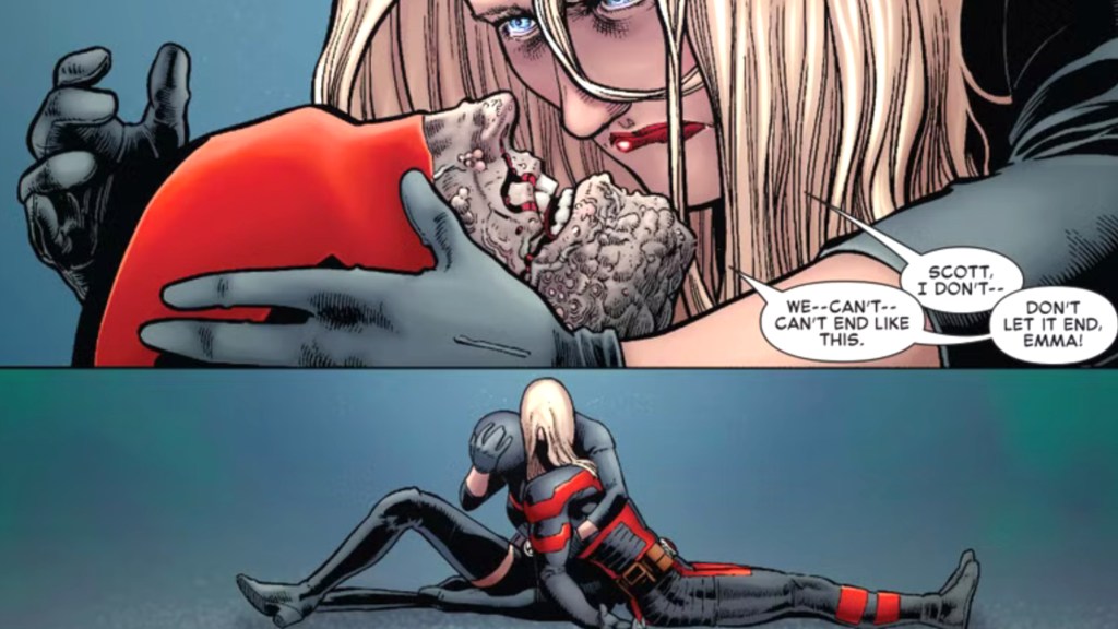Emma Frost holding Cyclops as he dies of M-Pox