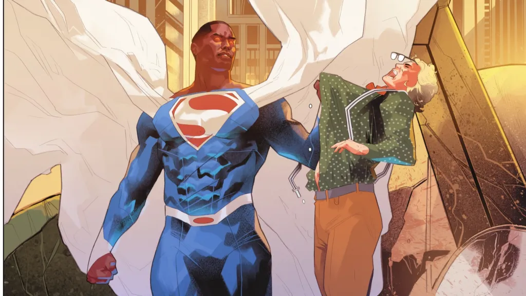 Val-Zod holding up a woman, his eyes glowing red while floating