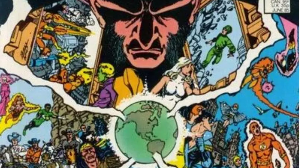 The Monitor looking down on the Earth, and scenes from the past, present and future starring the Losers, the Teen Titans, Barry Allen, and the Legion of Superheroes