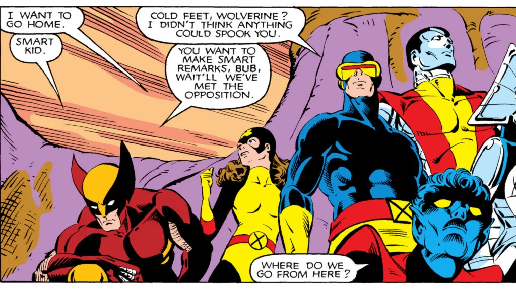 Wolverine, Kitty Prude, Cyclops, Colossus, and Nightcrawler bantering