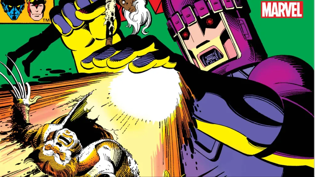 A Sentinel killing Wolverine while holding Storm