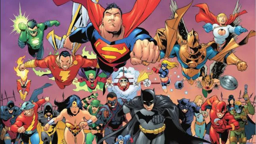 The Justice League and Justice Society flying into battle