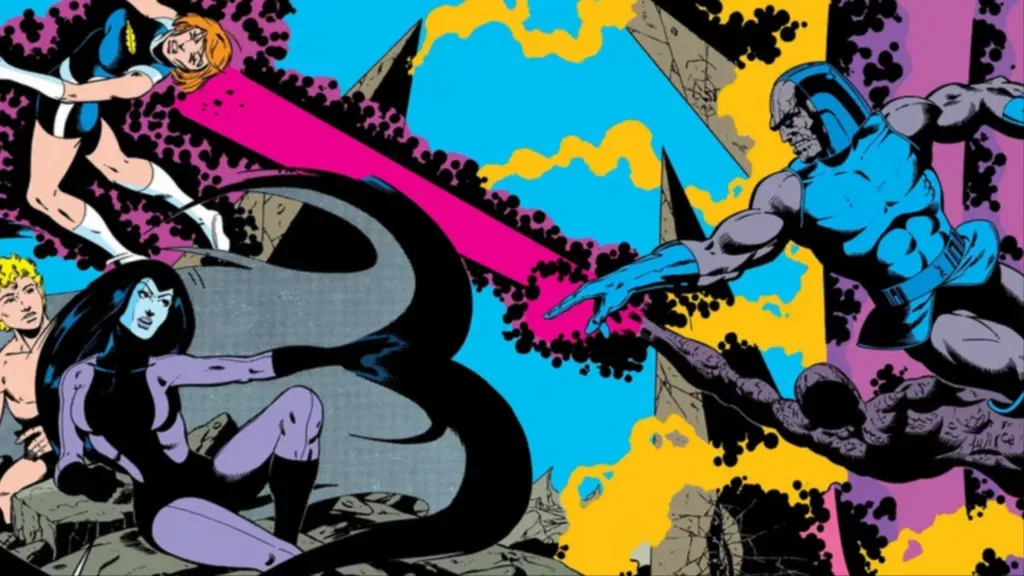 Darkseid trying to destroy Light Lass and Shadow Lass as they protect a young man