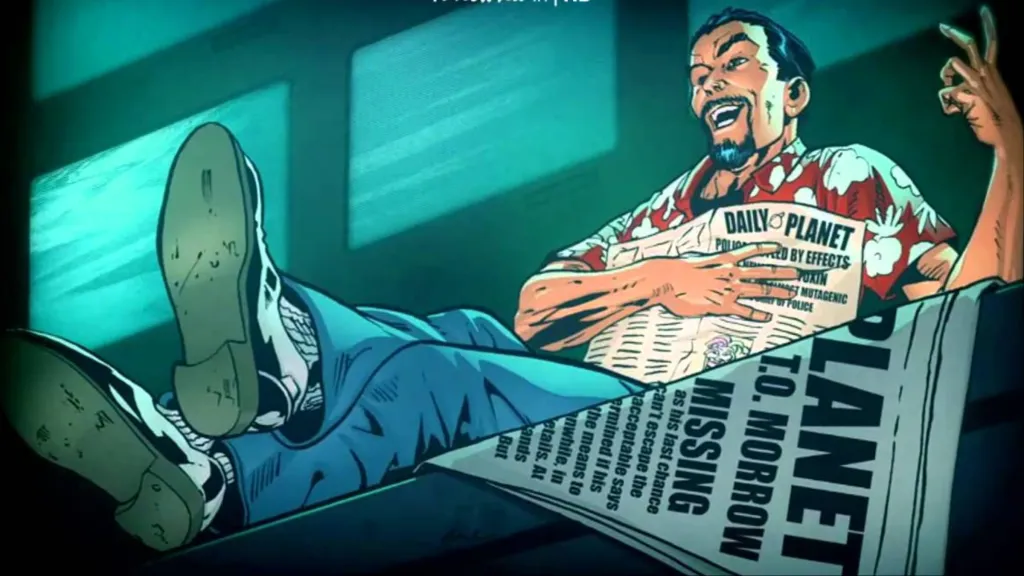 T.O. Morrow laughing in a chair with the newspaper