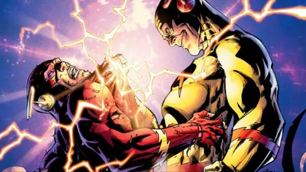 Reverse Flash holding Barry Allen by the scruff of his neck