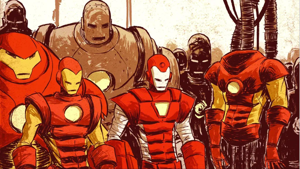 Several Iron Man armors all together
